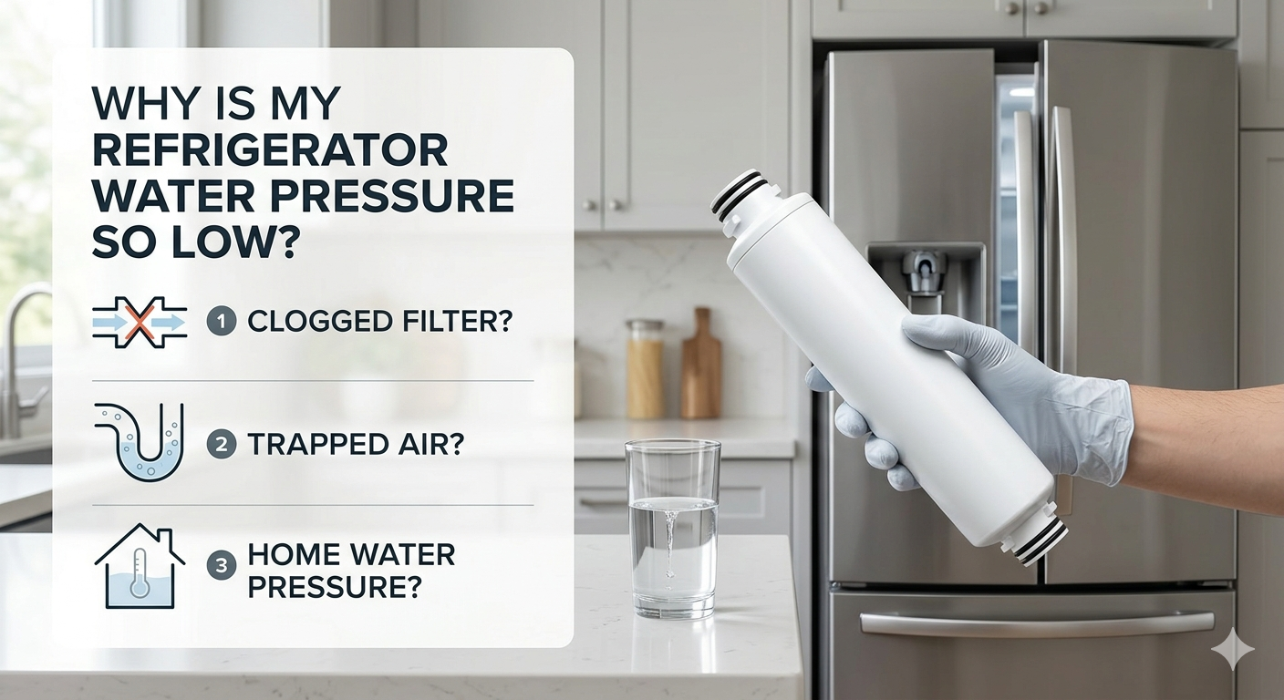 A person holding a refrigerator water filter in a kitchen with a troubleshooting checklist shown.