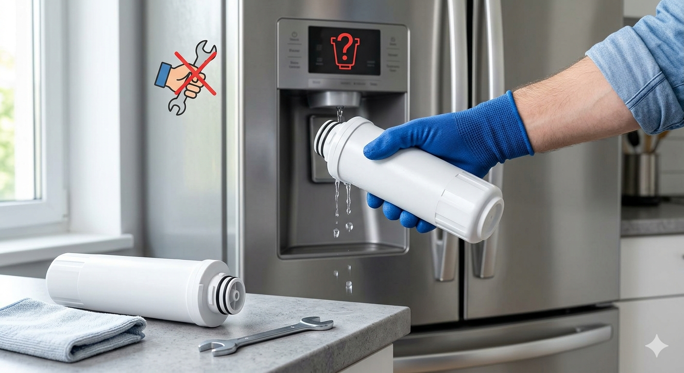 A hand in a blue glove holds a new refrigerator water filter while the old one drips.