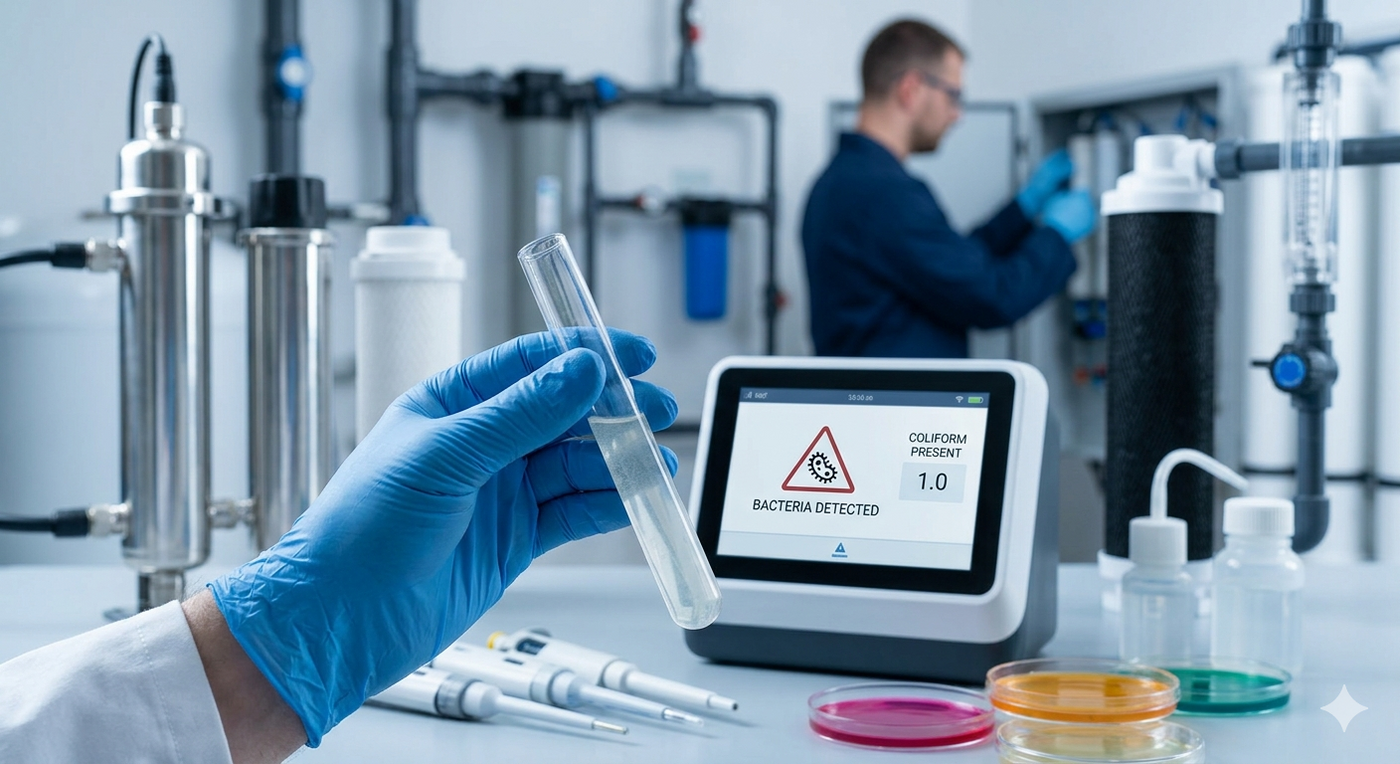 A technician analyzing water quality samples in a laboratory setting with filtration equipment.
