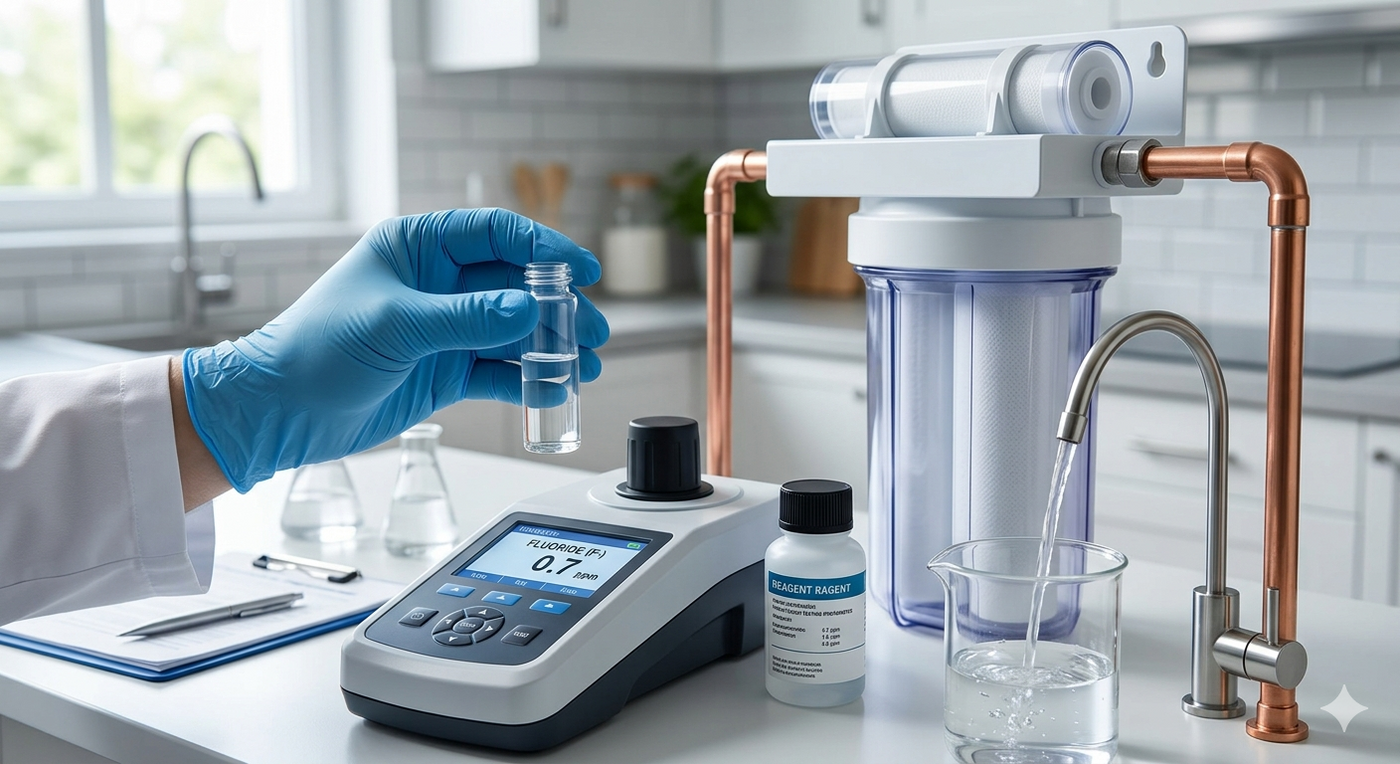 A scientist's gloved hand holding a test vial above a digital photometer in a laboratory setting.