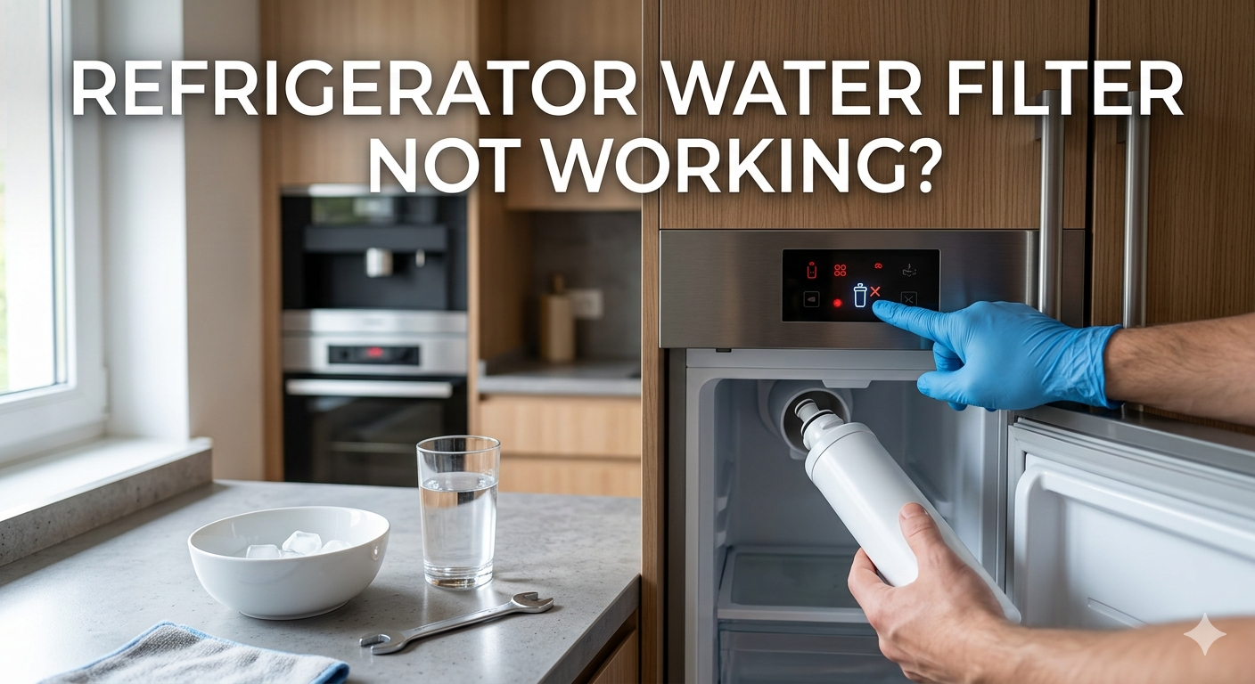 A hand with a blue glove fixes a refrigerator water filter with tools and a glass of water nearby.