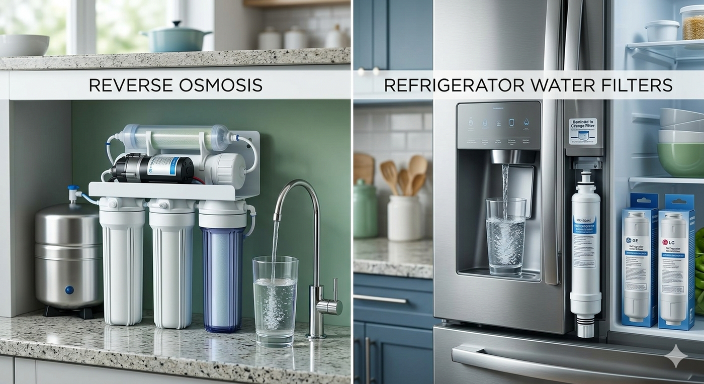 A side-by-side comparison illustrating an under-sink reverse osmosis system and a built-in refrigerator water dispenser.