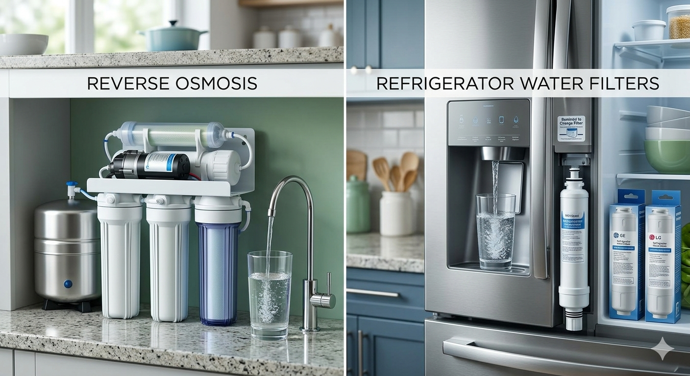 A side-by-side comparison illustrating an under-sink reverse osmosis system and a built-in refrigerator water dispenser.