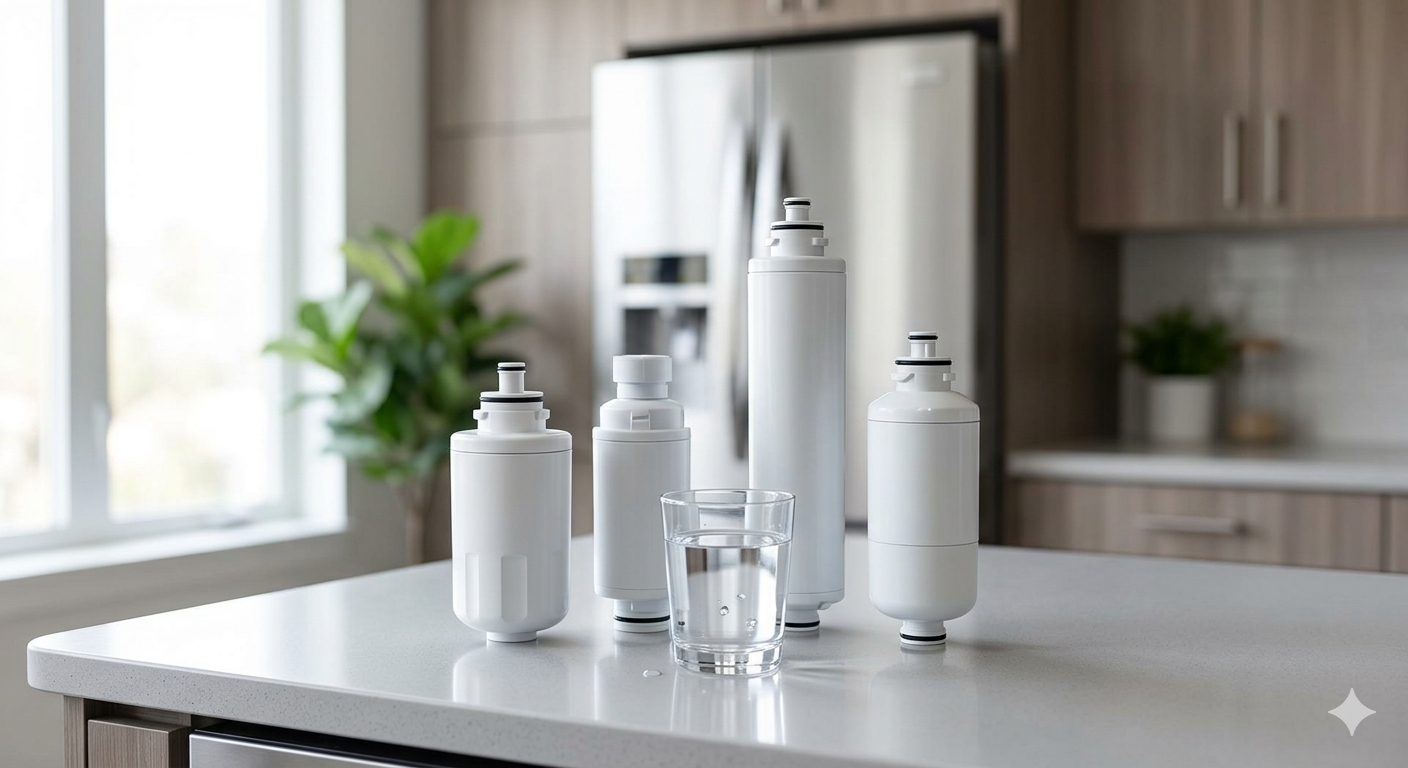 A variety of white refrigerator water filters and a glass of fresh water on a kitchen island.
