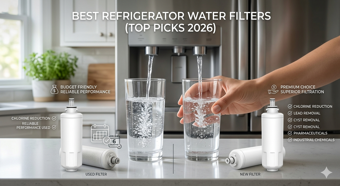 A side-by-side visual comparison in a modern kitchen showing a budget-friendly filter vs. a premium filter option. Two glasses are being filled simultaneously from a refrigerator dispenser, with performance icons and the blog title visible.