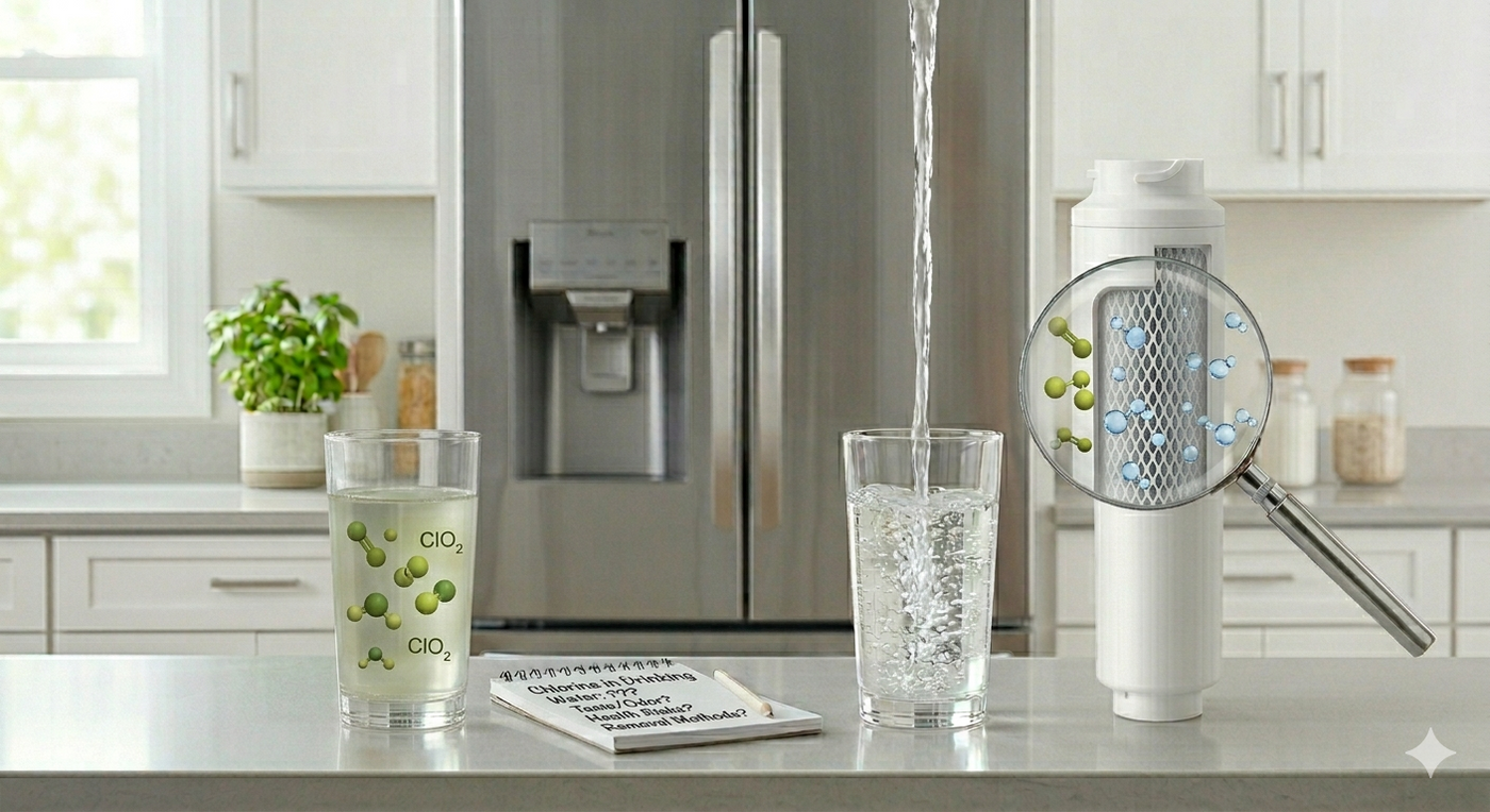 Concept comparing the effects of chlorine in untreated and filtered drinking water in a kitchen setting.
