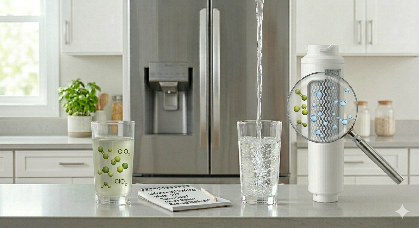 Concept comparing the effects of chlorine in untreated and filtered drinking water in a kitchen setting.