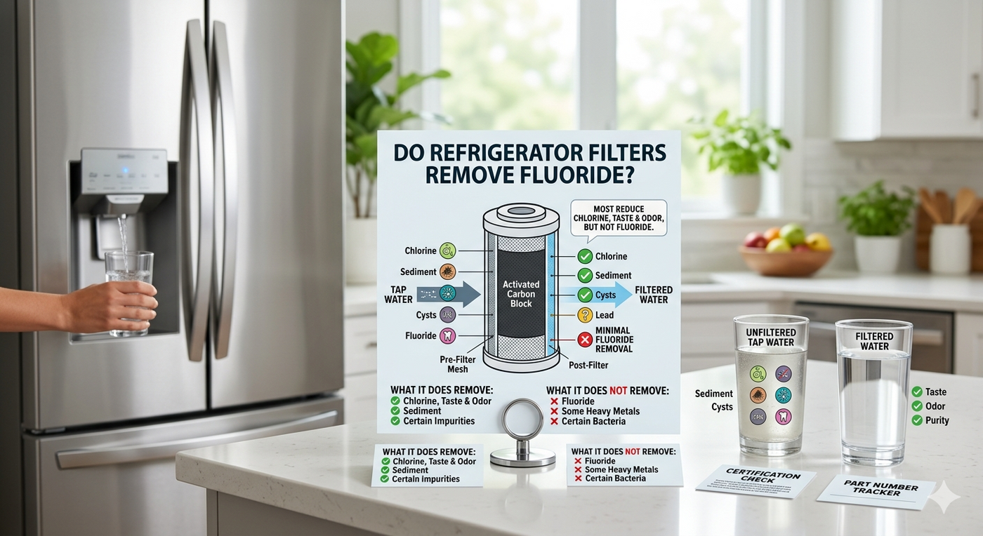 An infographic comparing how a refrigerator filter works, showing it successfully removes chlorine, taste, and odor, but has a large red X over fluoride, labeled "Minimal Fluoride Removal."