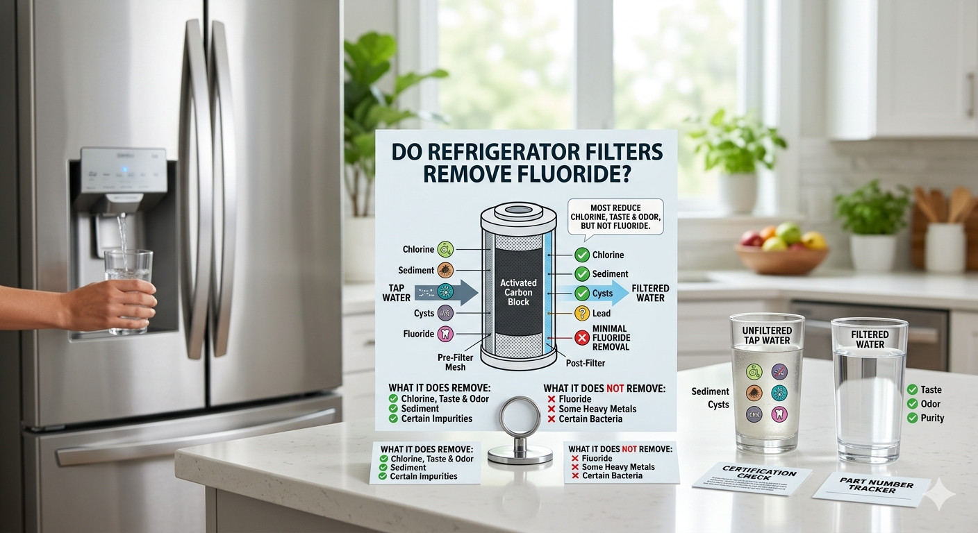 An infographic comparing how a refrigerator filter works, showing it successfully removes chlorine, taste, and odor, but has a large red X over fluoride, labeled "Minimal Fluoride Removal."