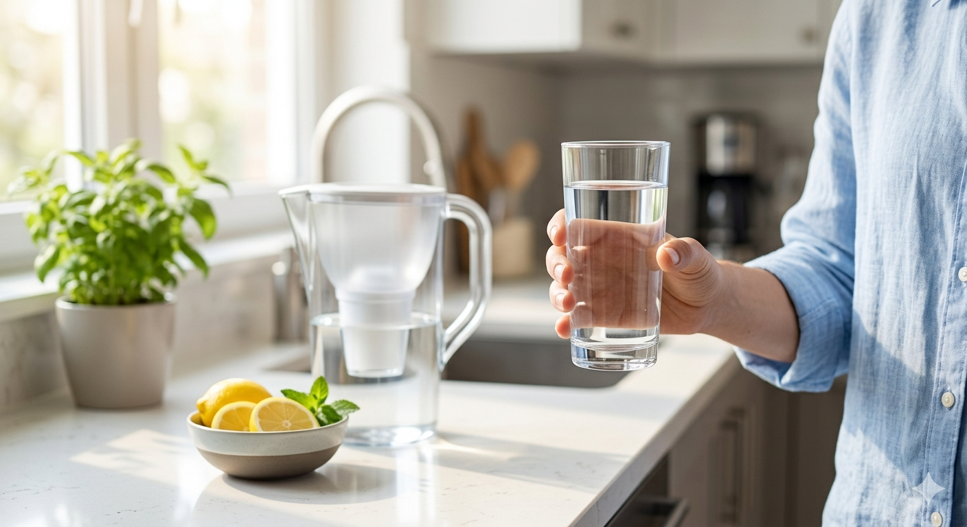 A person in a kitchen holding a glass of clear filtered water next to a filter pitcher.