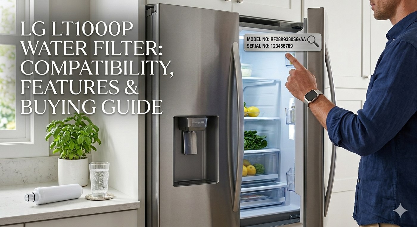 Finding the generic refrigerator model number on the ceiling label for an LG LT1000P filter guide.