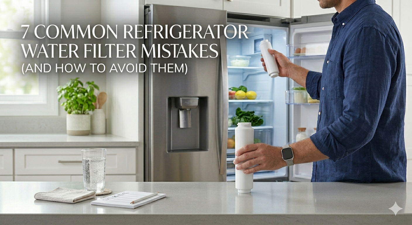 Person installing a new water filter in a stainless steel refrigerator.
