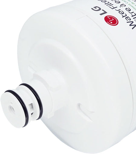Close-up of LG LT500P filter twist-lock cap and O-rings with LG branding