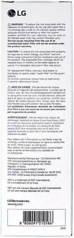 LG LT1000P filter packaging label with usage instructions, NSF info and barcode