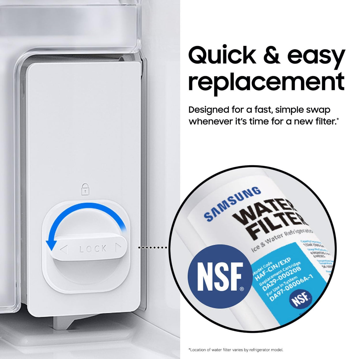 Quick and easy twist-lock install of NSF-certified Samsung HAF-CIN/EXP filter