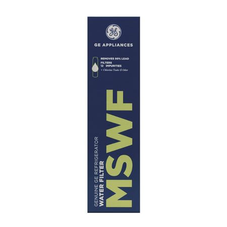 GE water filter packaging with 'MSWF' branding on a white background