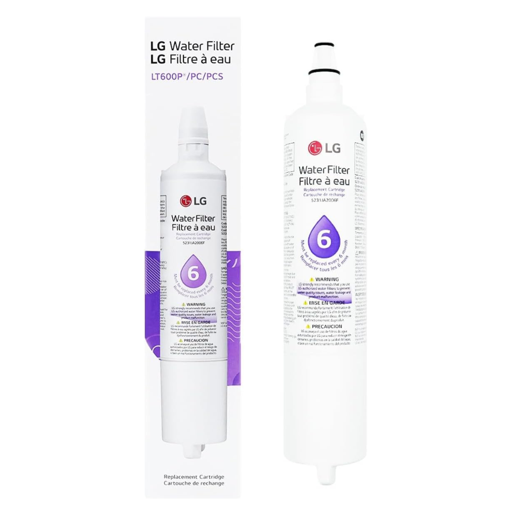 LG LT600P replacement water filter cartridge beside its retail packaging