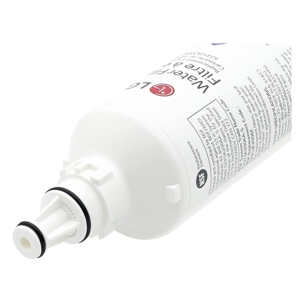 Close-up of LG LT600P filter twist-lock cap and O-rings with specification label