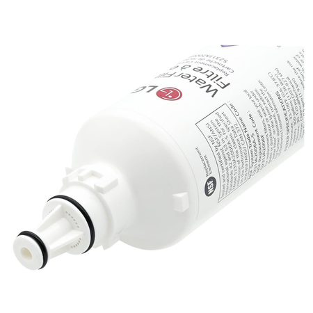 Close-up of LG LT600P filter twist-lock cap and O-rings with specification label