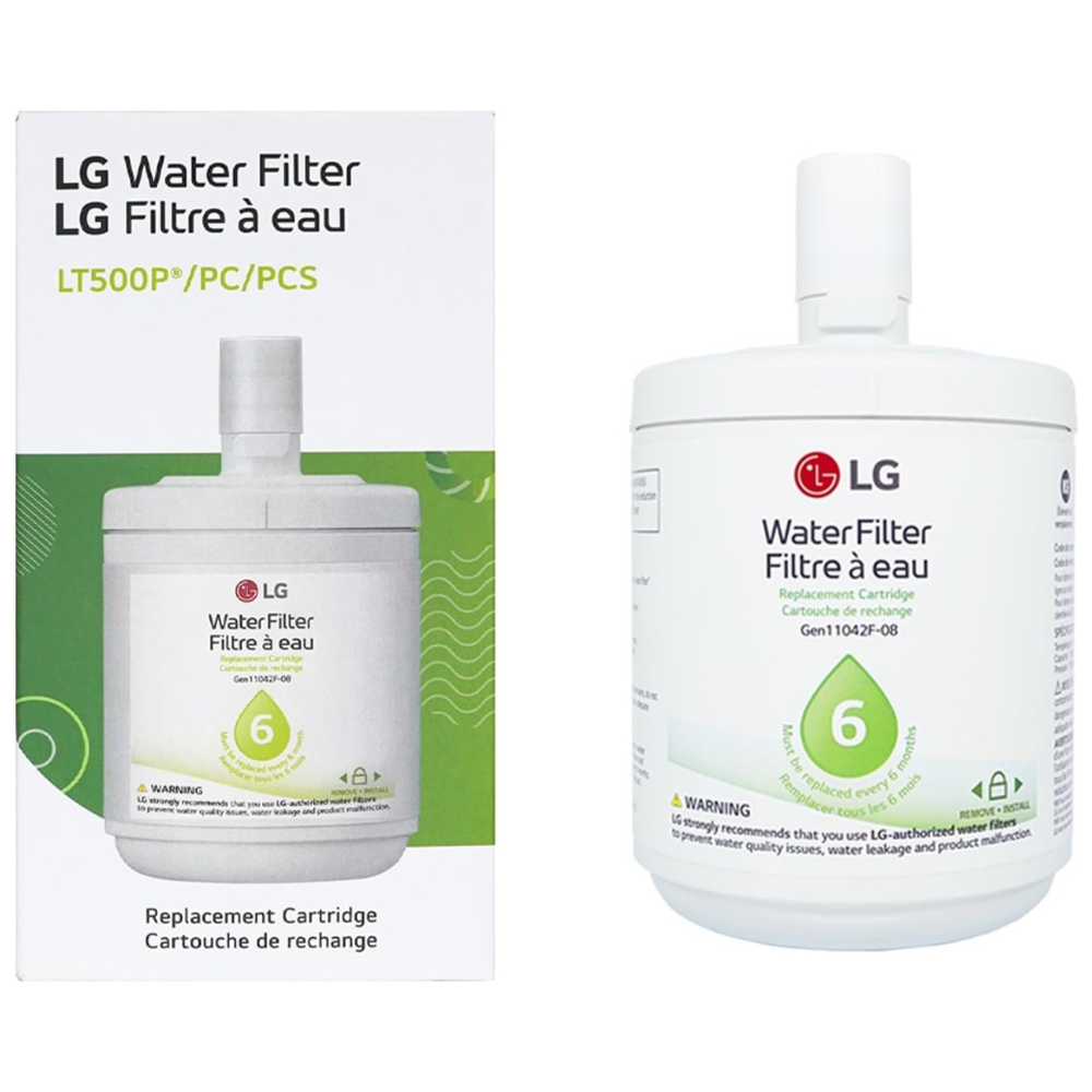 LG LT500P replacement water filter cartridge beside its retail packaging