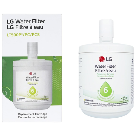 LG LT500P replacement water filter cartridge beside its retail packaging