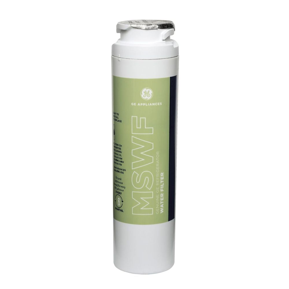 Water filter with green label on a white background