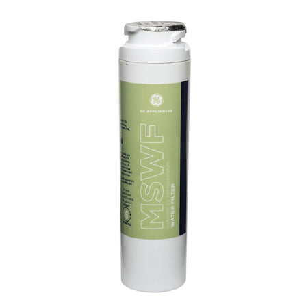 Water filter with green label on a white background